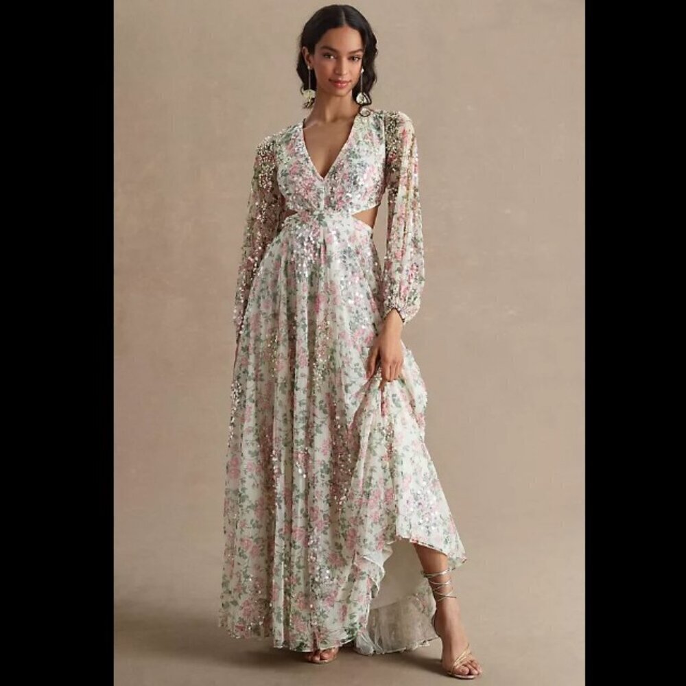 NWT Mac Duggal Sequined Floral Print Cut Out Lace Up Gown Size 6